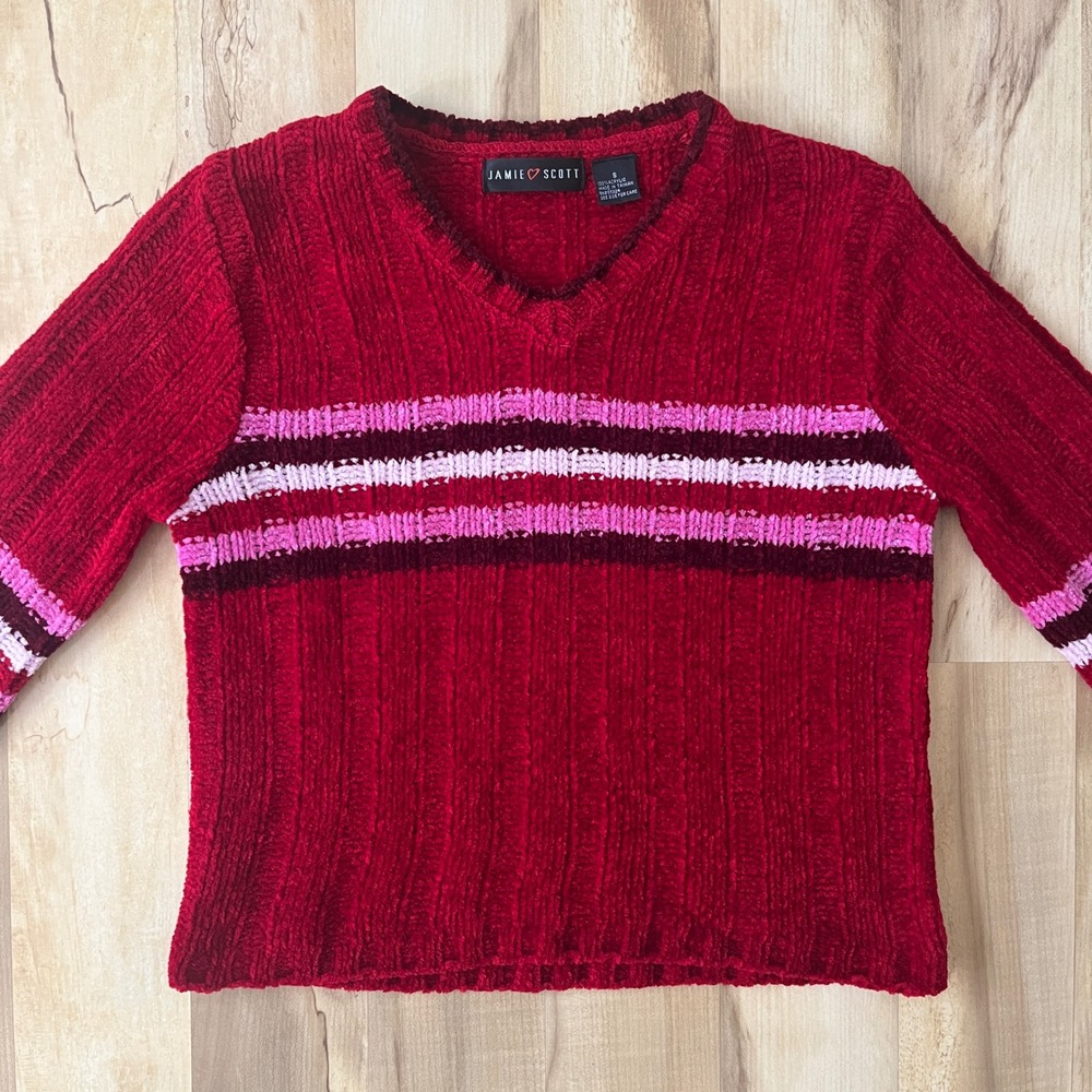 Vintage Chenille Ribbed Knit Sweater Women's Small Red Stripes Retro Quirkly Top
